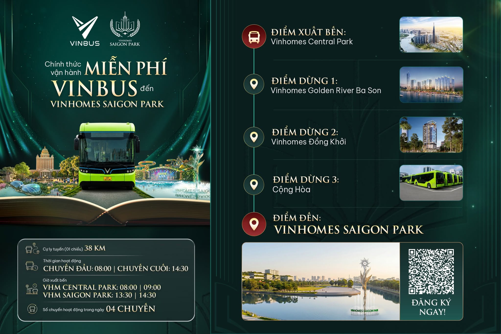 Xe buýt điện VinBus miễn phí từ Vinhomes Central Park đến Vinhomes Saigon Park